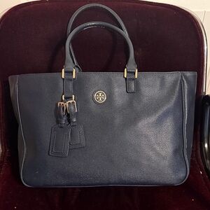Tory Burch Navy Leather Double-Handle Tote with Gold Logo